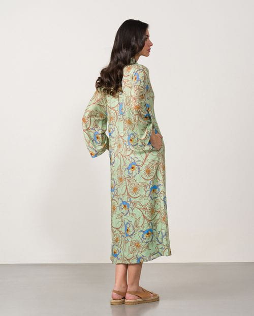 Loose-fit midi dress with hidden buttons made in printed viscose fabric with metallic yarn