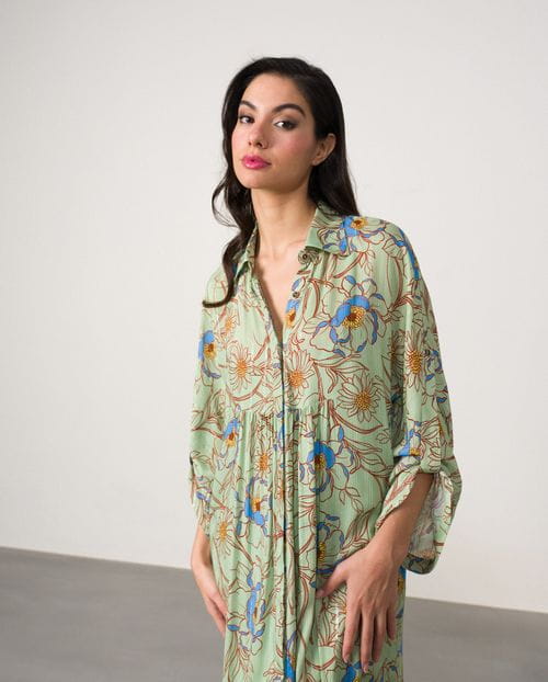 Loose-fit midi dress with hidden buttons made in printed viscose fabric with metallic yarn