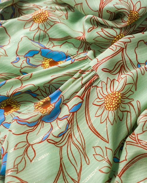 Loose-fit midi dress with hidden buttons made in printed viscose fabric with metallic yarn