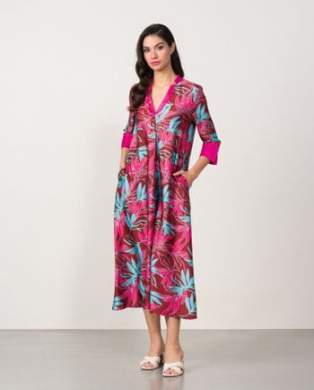 Midi fulness dress in printed satin fabric