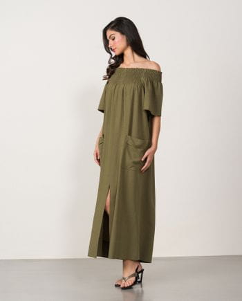 Off-the-shoulder long dress with elastic honeycomb piece