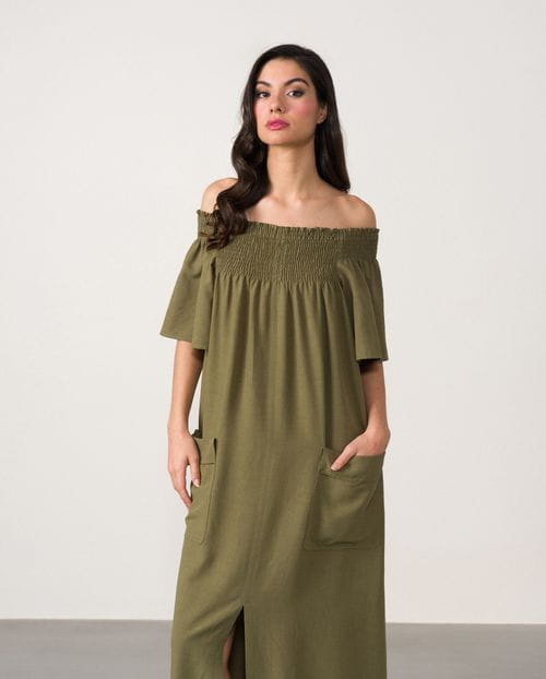 Off-the-shoulder long dress with elastic honeycomb piece