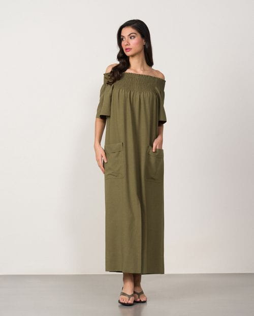 Off-the-shoulder long dress with elastic honeycomb piece