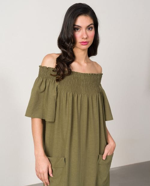 Off-the-shoulder long dress with elastic honeycomb piece