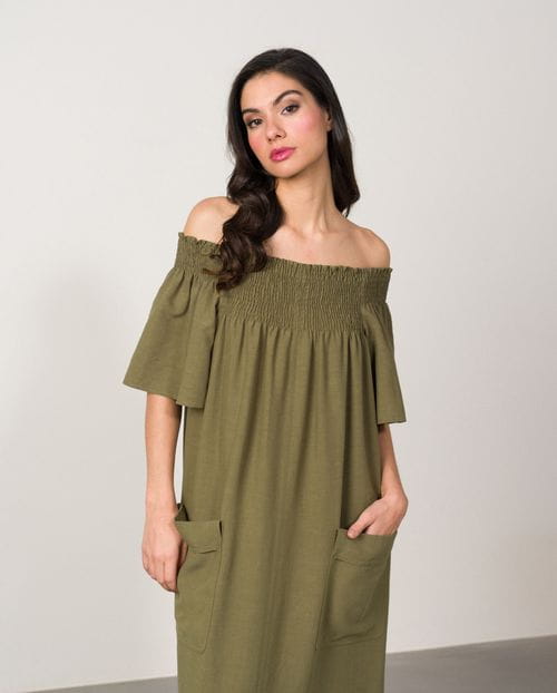 Off-the-shoulder long dress with elastic honeycomb piece