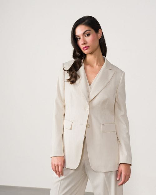 Chaqueta americana en sarga confortable de raya diplomática con hilo metalizado