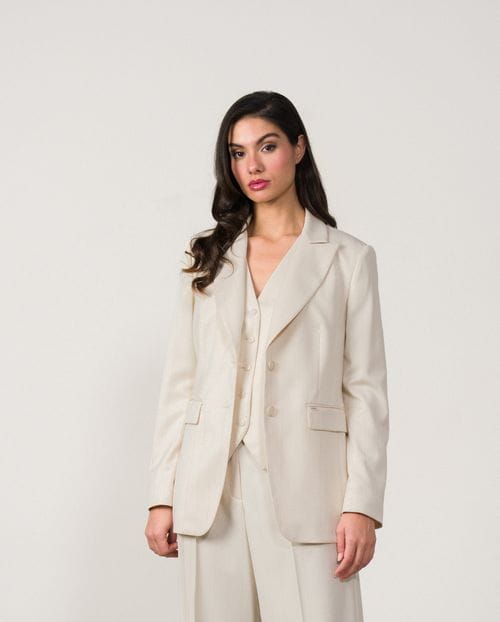 Chaqueta americana en sarga confortable de raya diplomática con hilo metalizado