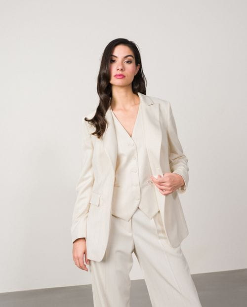 Chaqueta americana en sarga confortable de raya diplomática con hilo metalizado