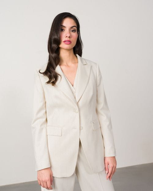 Chaqueta americana en sarga confortable de raya diplomática con hilo metalizado