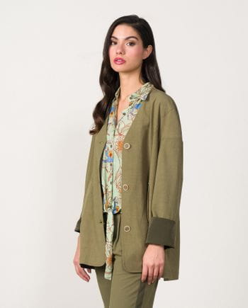 Dropped shoulder jacket with 'V' neckline in linen-viscose fabric
