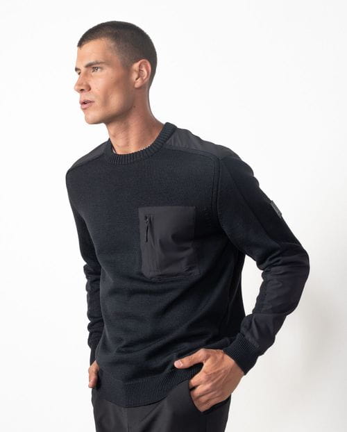 Jersey de cuello redondo combinado con bolsillo, hombros y coderas de tejido técnico