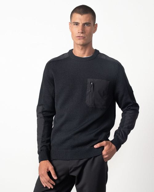 Jersey de cuello redondo combinado con bolsillo, hombros y coderas de tejido técnico