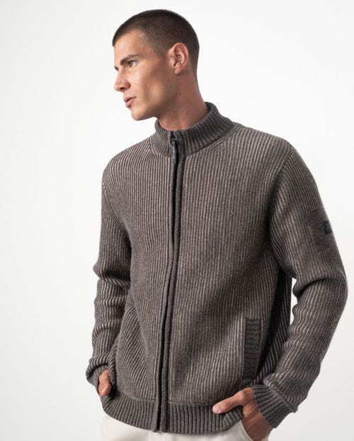 Chaqueta-cazadora de punto acanalado bicolor con bolsillos y cremallera