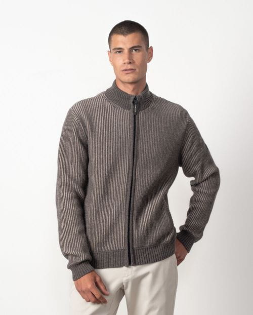 Chaqueta-cazadora de punto acanalado bicolor con bolsillos y cremallera