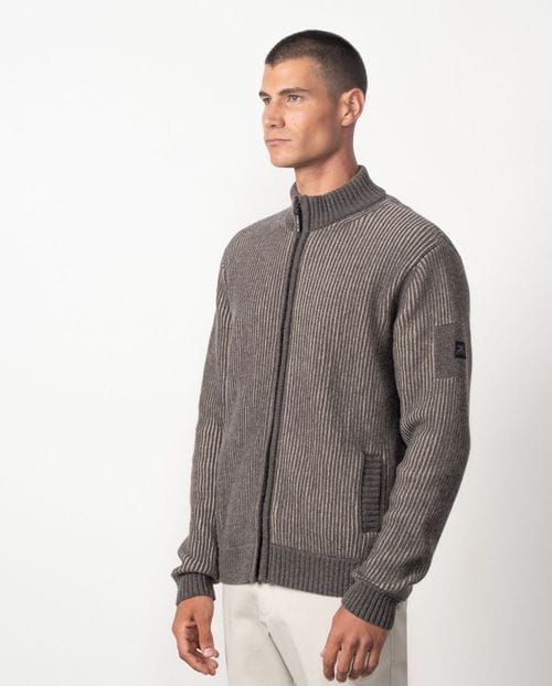 Chaqueta-cazadora de punto acanalado bicolor con bolsillos y cremallera