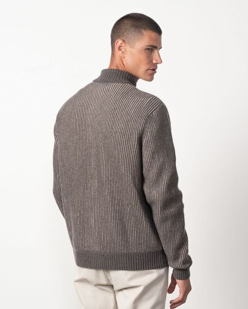 Chaqueta-cazadora de punto acanalado bicolor con bolsillos y cremallera