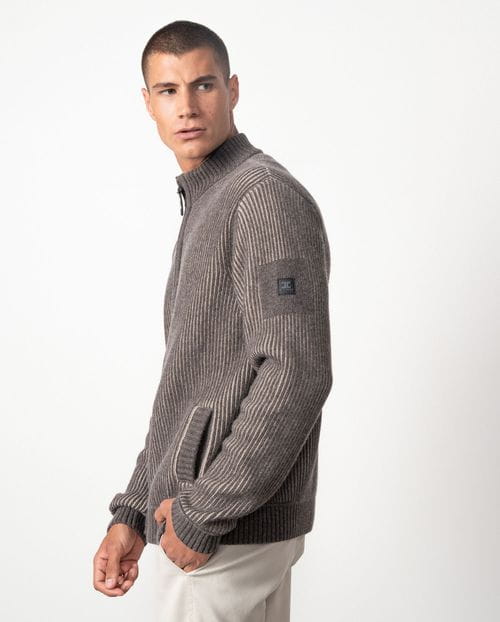 Chaqueta-cazadora de punto acanalado bicolor con bolsillos y cremallera