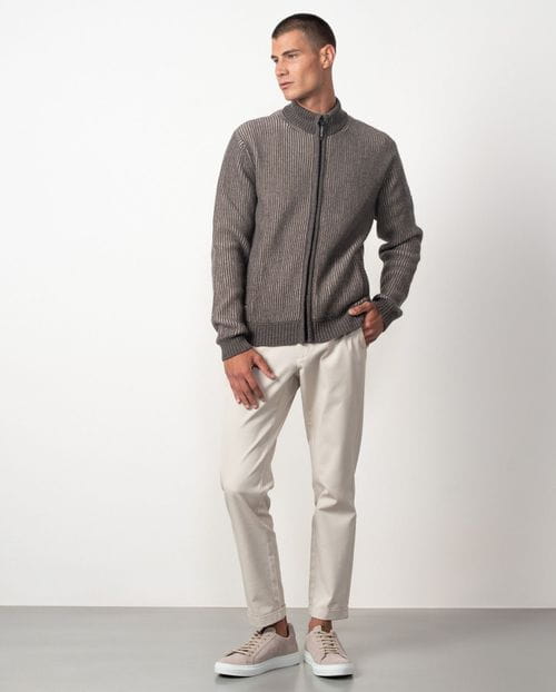 Chaqueta-cazadora de punto acanalado bicolor con bolsillos y cremallera