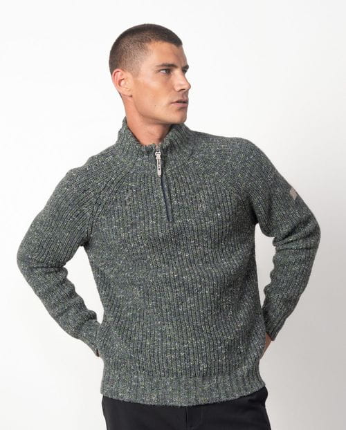 Jersey manga raglan de punto rústico con cuello alto y cremallera