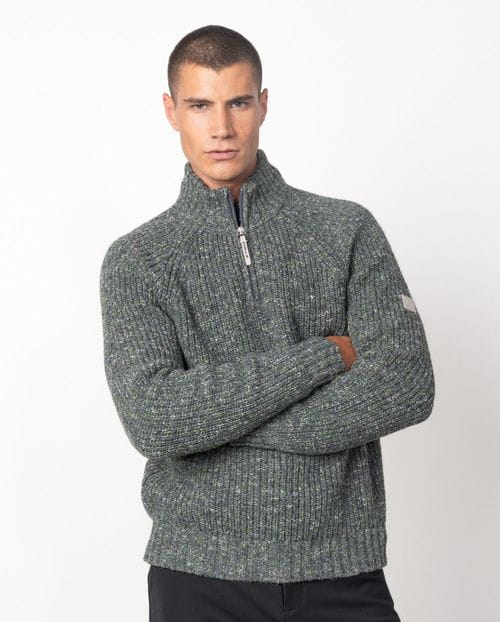 Jersey manga raglan de punto rústico con cuello alto y cremallera
