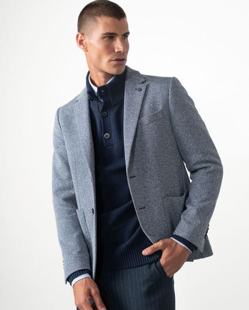Unstructured and unlined slim fit blazer from a knit-like two-tone microstructure fabric