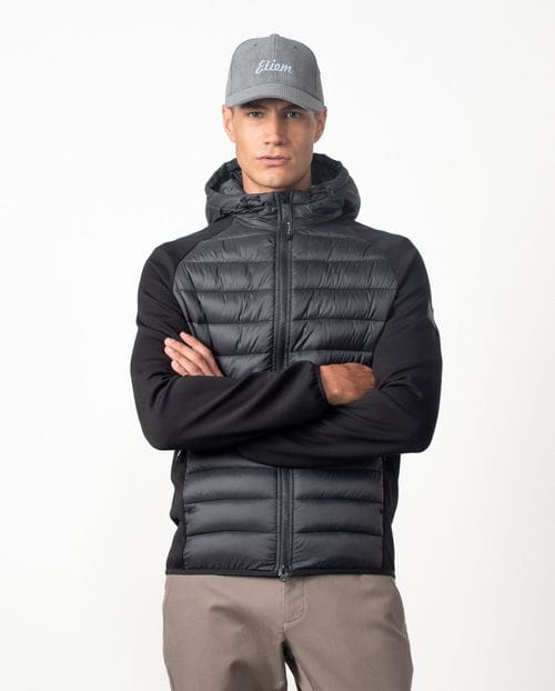 Ultra-lightweight quilded hooded jacket combining technical fabric and foam