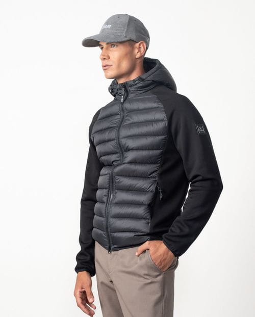 Ultra-lightweight quilded hooded jacket combining technical fabric and foam