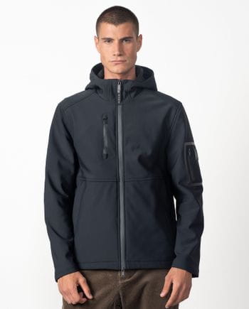 Hooded jacket made from a double knit and fleece fabric with many technical design details