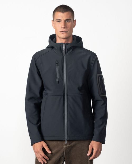 Hooded jacket made from a double knit and fleece fabric with many technical design details