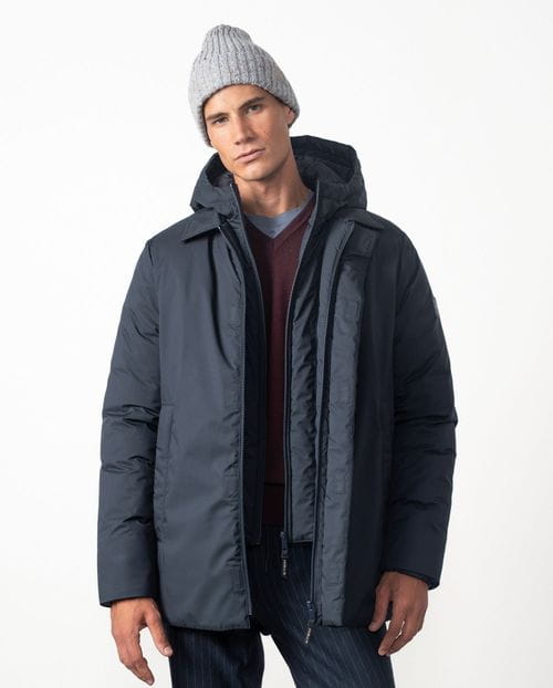 Shirt collar parka with detachable hooded vest from ultralight technical fabric