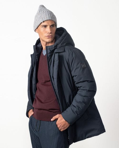 Shirt collar parka with detachable hooded vest from ultralight technical fabric