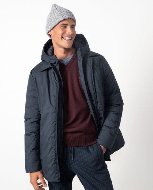 Shirt collar parka with detachable hooded vest from ultralight technical fabric