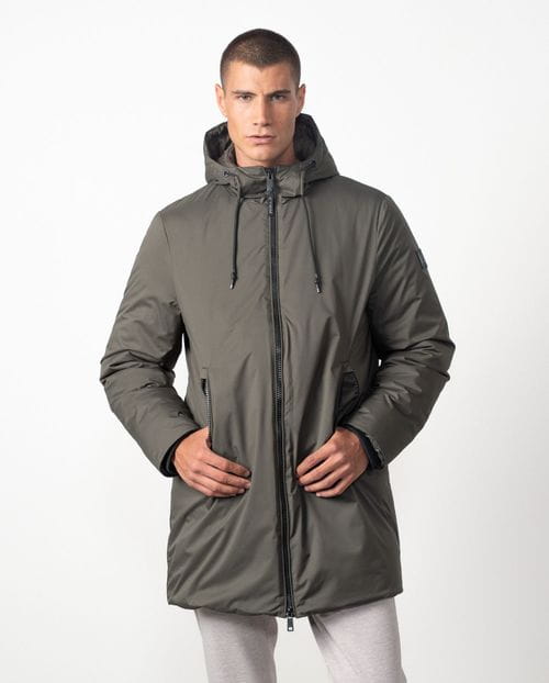 Long parka with fixed hood in ultralight stretch technical fabric