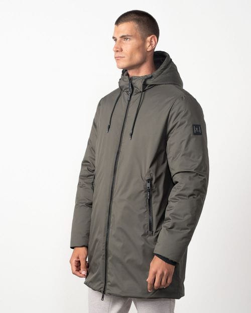 Long parka with fixed hood in ultralight stretch technical fabric
