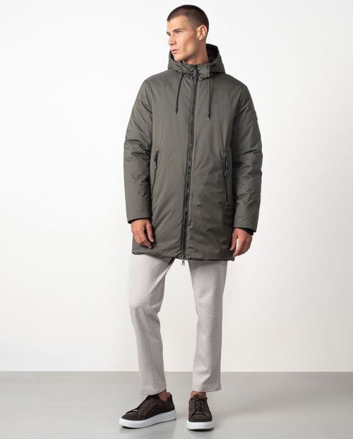 Long parka with fixed hood in ultralight stretch technical fabric