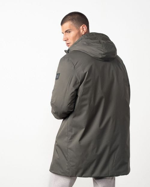 Long parka with fixed hood in ultralight stretch technical fabric
