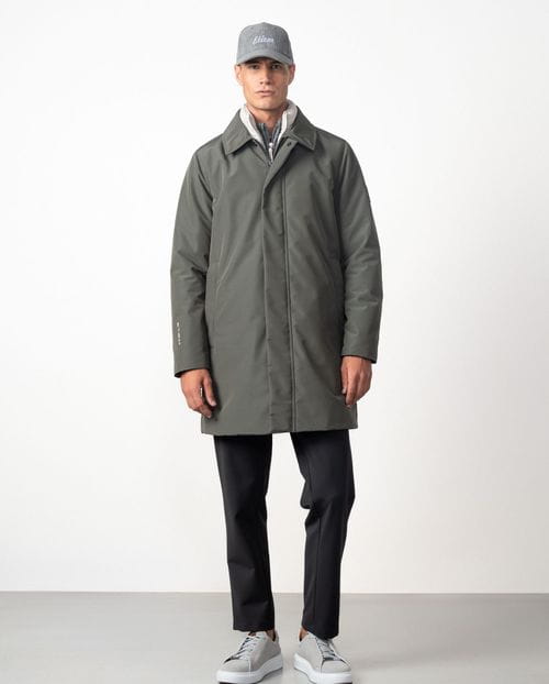 Short quilted trench coat with detachable vest in waterrepellent fabric