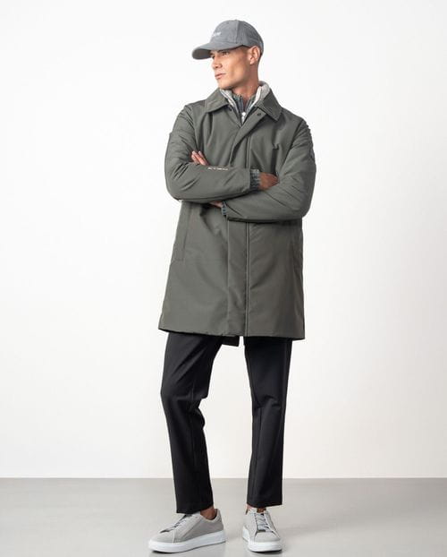 Short quilted trench coat with detachable vest in waterrepellent fabric