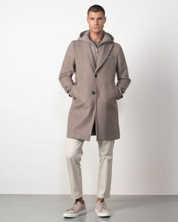Short coat with detachable hood made from ultra-lightweight technical fabric and fine wool blend