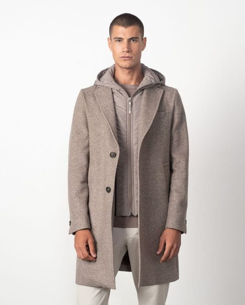 Abrigo corto con capucha-vista desmontable de tejido técnico, realizado en lana mezcla