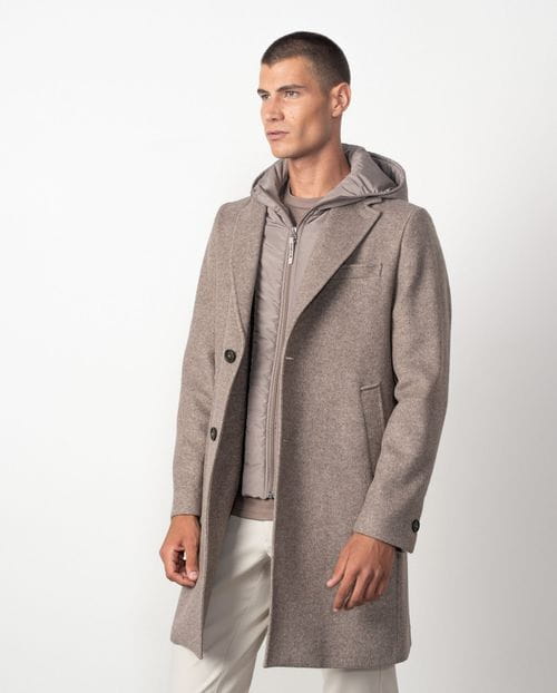 Abrigo corto con capucha-vista desmontable de tejido técnico, realizado en lana mezcla