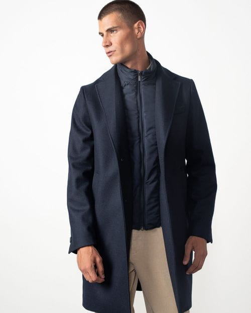 Abrigo corto con cuello-vista desmontable en paño liso de lana mezcla