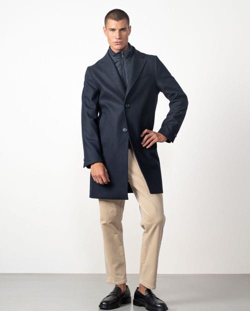 Abrigo corto con cuello-vista desmontable en paño liso de lana mezcla