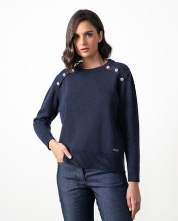 Wool sweater with a crew neck and gold buttons in front yokes