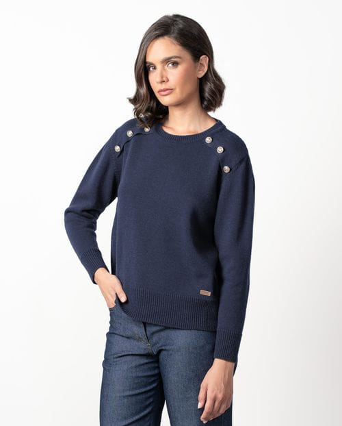 Wool sweater with a crew neck and gold buttons in front yokes