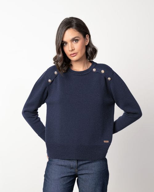 Wool sweater with a crew neck and gold buttons in front yokes