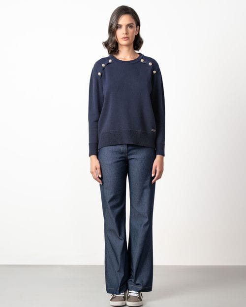 Wool sweater with a crew neck and gold buttons in front yokes