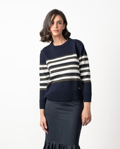 Wool sweater with a crew neck and sailor-style with stripes in three colours