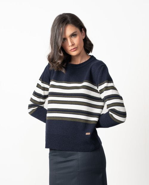 Wool sweater with a crew neck and sailor-style with stripes in three colours