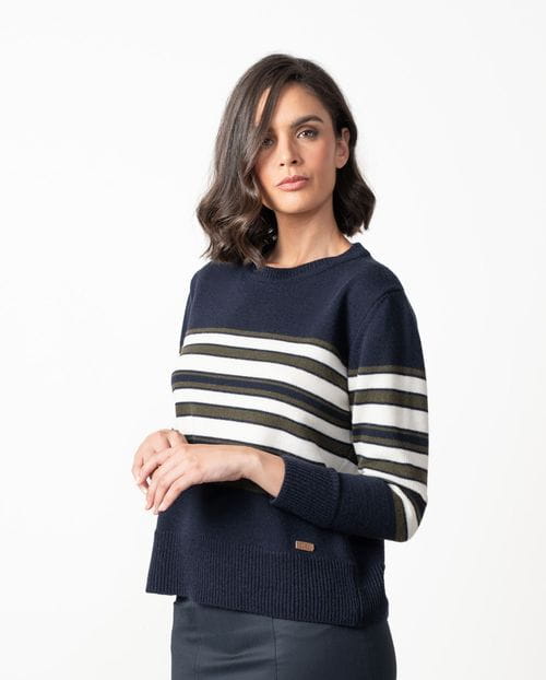 Wool sweater with a crew neck and sailor-style with stripes in three colours